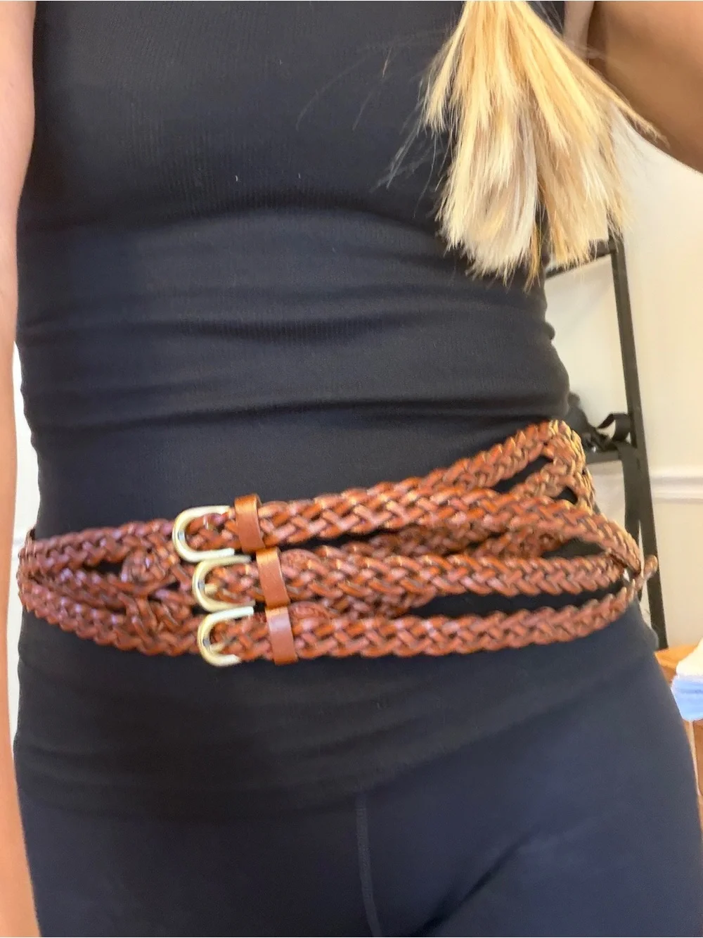 Vintage Braided Triple-Wrap Brown Leather Waist Belt - Unbranded